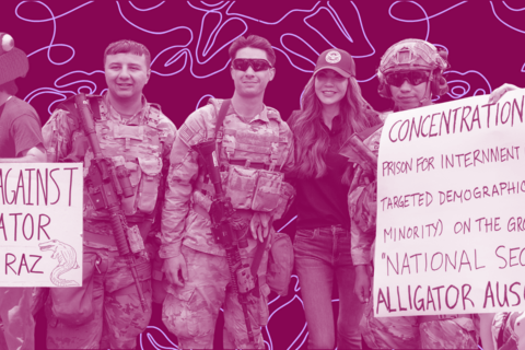 A collage of people in front of a red background; two protestors holding signs against ICE and soldiers in uniform with guns