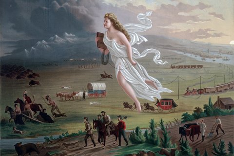 Painting depicting an angel floating above a pastoral landscape