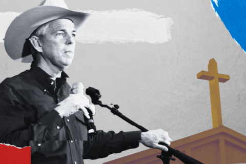 collage of a man in a stetson and a church in the background
