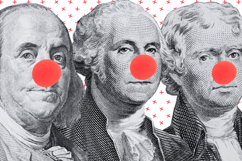 Franklin Washington and Jefferson with clown noses in front of a background of red crosses