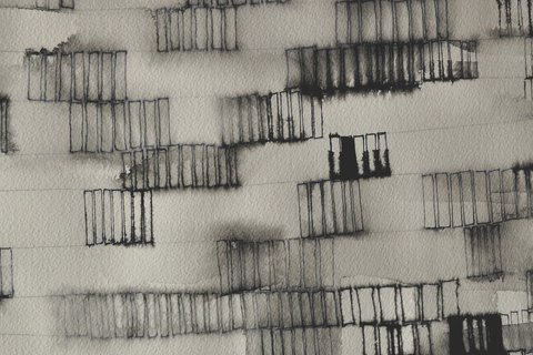 a painting of grey rectangles on a greyish green background