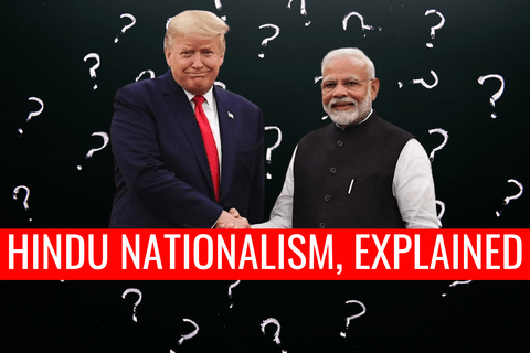 trump and modi shake hands in front of a wall of question marks