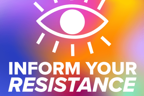 A gradient background with a white eye and text that reads "Inform Your Resistance, Political Research Associates"