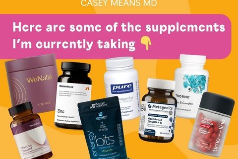 screenshot of Casey Means Instagram post picturing various supplements and a banner reading: Here are some of the supplements I'm currently taking