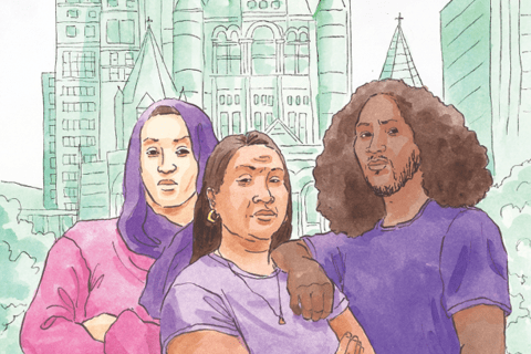 A drawing of three people looking confident, with the cityscape of Boston behind them.