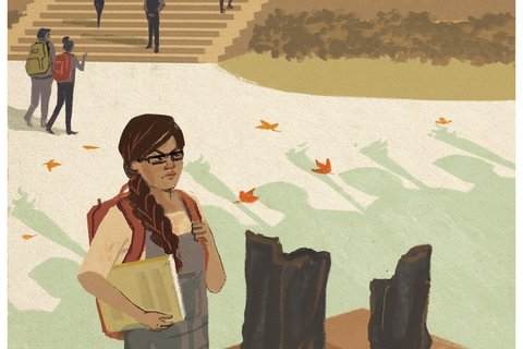 Illustration of a girl standing in front of a broken statue.
