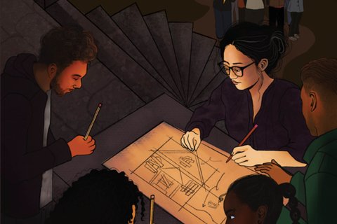 Illustration of people standing around a drafting table, with people at the bottom of stairs holding protest signs