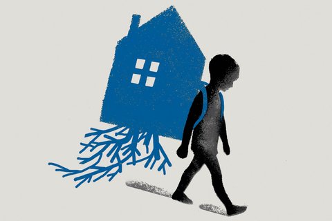 An paining of a young child carrying a house with roots on their back