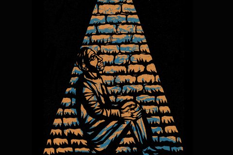 A black background with an illustration of a man leaning against a brick wall