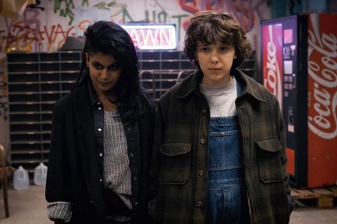 Kali Prasad and Eleven from Stranger Things