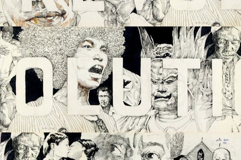 pencil drawings of different people with Revolution over