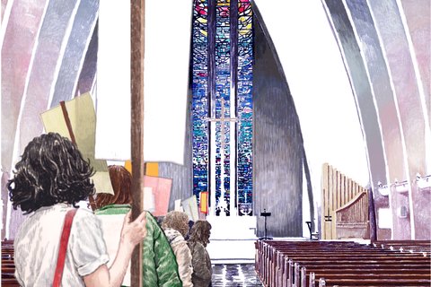 an illustration of a people with protest signs in a church