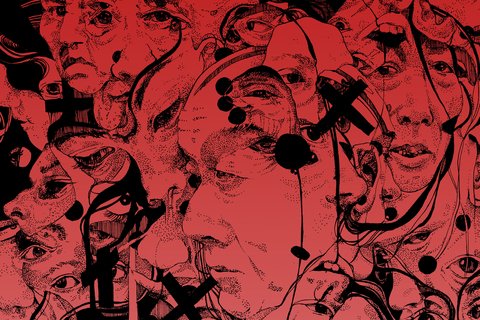 drawing of red overlapping faces and crosses