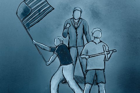 A blue illustration of people holding flags and a cross.