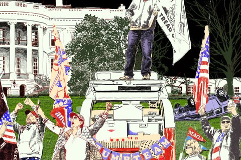 An illustration of protestors in front of the White House