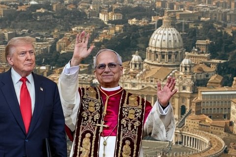 Trump and Pope Leo superimposed over Vatican City