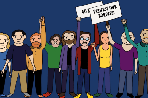A drawing of anti-immigrant protestors