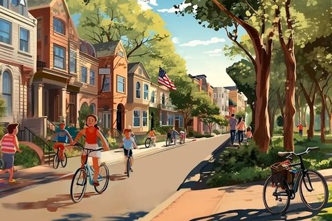 An AI generated scene of a street with children riding bicycles