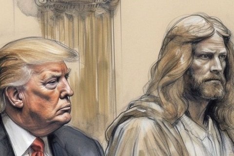 A courtroom sketch of Donald Trump seated next to a classic white depiction of Jesus