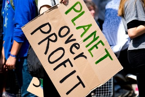 Homemade protest sign reading "Planet over Profit"
