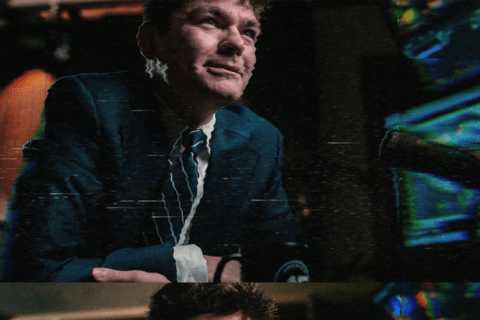 a glitchy image of Nick Fuentes leaning on his desk