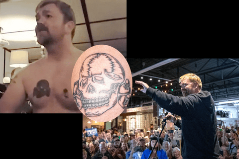 Platner tattoo, clearer example of Totenkopf tattoo, Platner addresses audience in Portland, ME