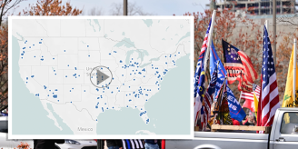 Photo of gray pickup truck with RW flags in bed with a mock up of a map of the US with blue data points layered on top on the left side of the image