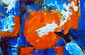 Abstract painting featuring orange and blue