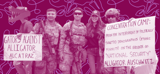 A collage of people in front of a red background; two protestors holding signs against ICE and soldiers in uniform with guns