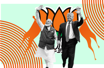 a cut out of Modi and Trump with orange flags and the BJP logo behind.