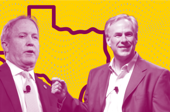 Ken Paxton and Greg Abott on a yellow background with a dotted pattern on it.