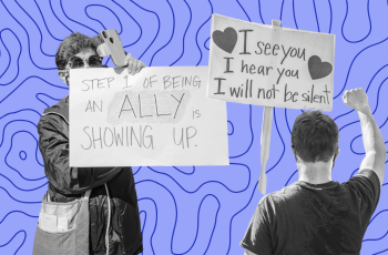 a purple and blue background with two protestors holding signs of solidarity