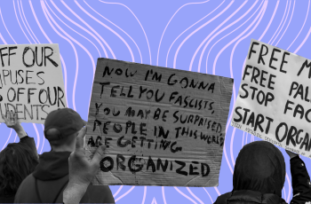 A collage of hand-drawn signs protesting ICE and fascism against a purple background