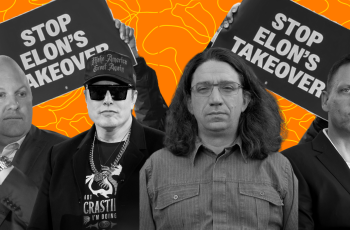 Orange and black and white collage of people in the neoreactionary movement