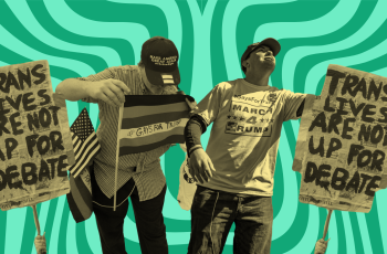 A green background with a yellow and black foreground of people and protest signs