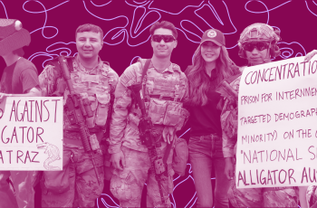 A collage of people in front of a red background; two protestors holding signs against ICE and soldiers in uniform with guns