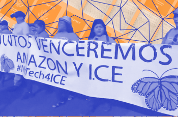 Protestors holding a banner that advocates against ICE and big tech