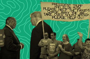 A collage of white protestors holding up a banner asking Trump and Elon Musk or help in South Africa, and Donald Trump speaking to a man in a suit and a woman holding a sign for Black Lives Matter.