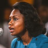 Anita Hill testifies before Congress, during Clarence Thomas confirmation hearings for Supreme Court, October 11, 1991. 