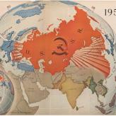 A drawing of the globe with a warped perspective to enlarge a red and sickle covered USSR.