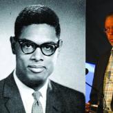 A black and white photo of a Black man in glasses, and a black man in a suit.