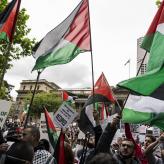 People protesting, waving red, white, and green Palestine flags in the air.