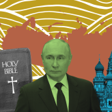 A patterned background with the outline of russia with cut outs of the bible, Putin, and the Kremlin