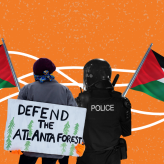 a person holding a sign that says "Defend the Atlanta Forest", a policeman and two Palestinian flags