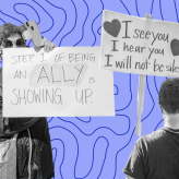 a purple and blue background with two protestors holding signs of solidarity