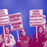 a collage of protestors holding signs in favor of abortion.