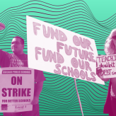 collage of protestors holding signs in support of public education in front of a green background