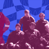 a blue and pink collage of FBI agents