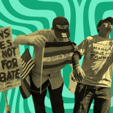 A green background with a yellow and black foreground of people and protest signs