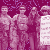 A collage of people in front of a red background; two protestors holding signs against ICE and soldiers in uniform with guns